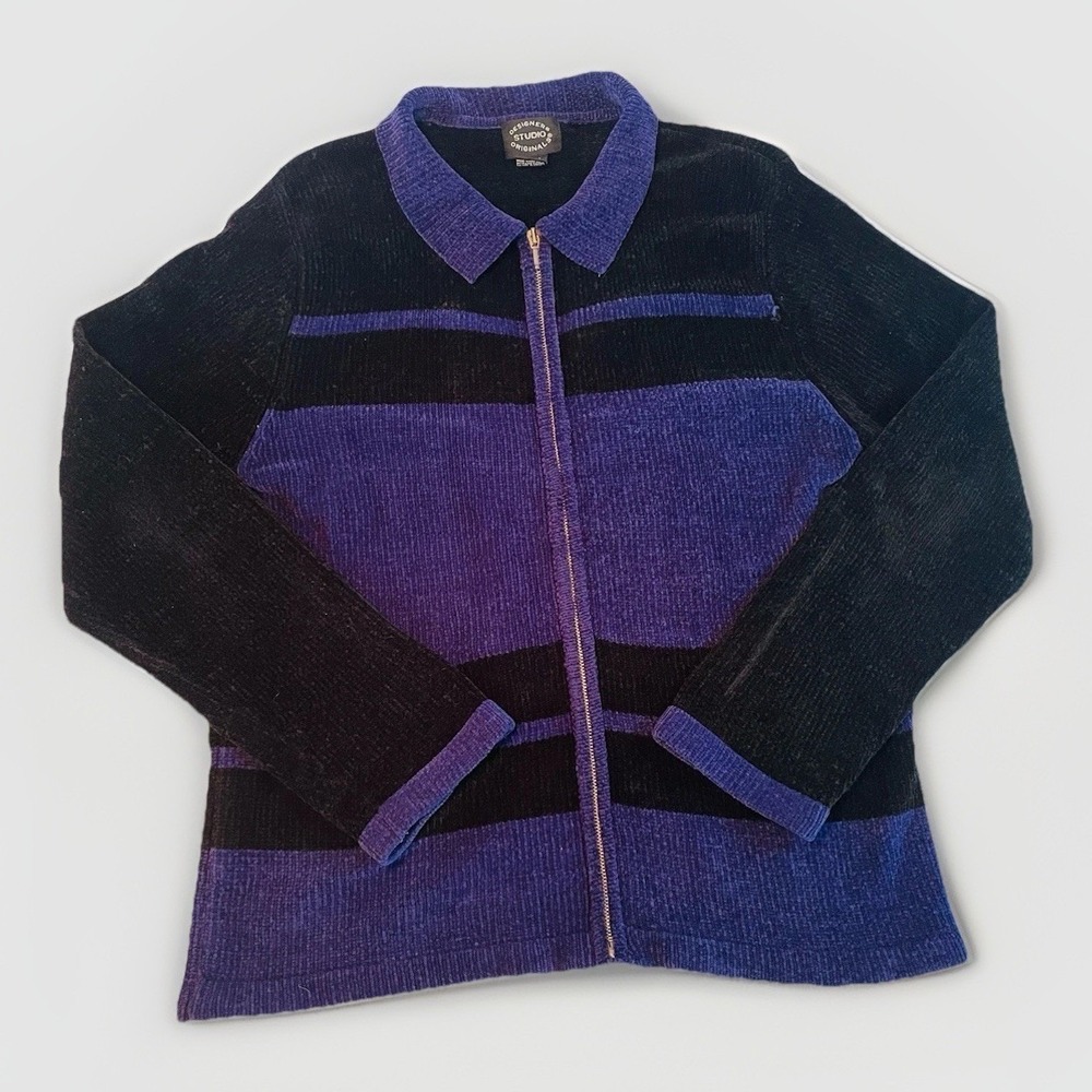 Designers Studio Originals Chenille Cardigan Womens Medium Purple Black Zip Up